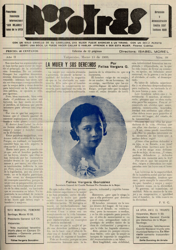 Nosotras / Unión Femenina de Chile, U.F.CH. Valparaíso : La Unión, 1931-1935 (Valparaíso : Impr. San Rafael) 1 v., año 2, n° 38, (15 mer. 1933), p. 1. Fuente: www.memoriachilena.cl