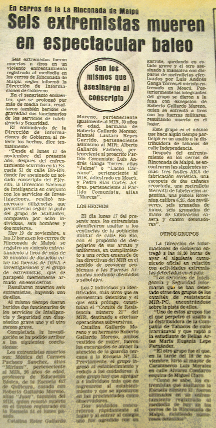 Portada de "La Tercera de la hora", del 20 de noviembre de 1975. Página 2 (detalle). | www.labatalla.cl