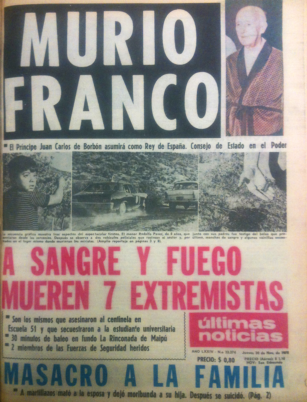 Portada de "Úlimas noticias", del 20 de noviembre de 1975. | www.labatalla.cl