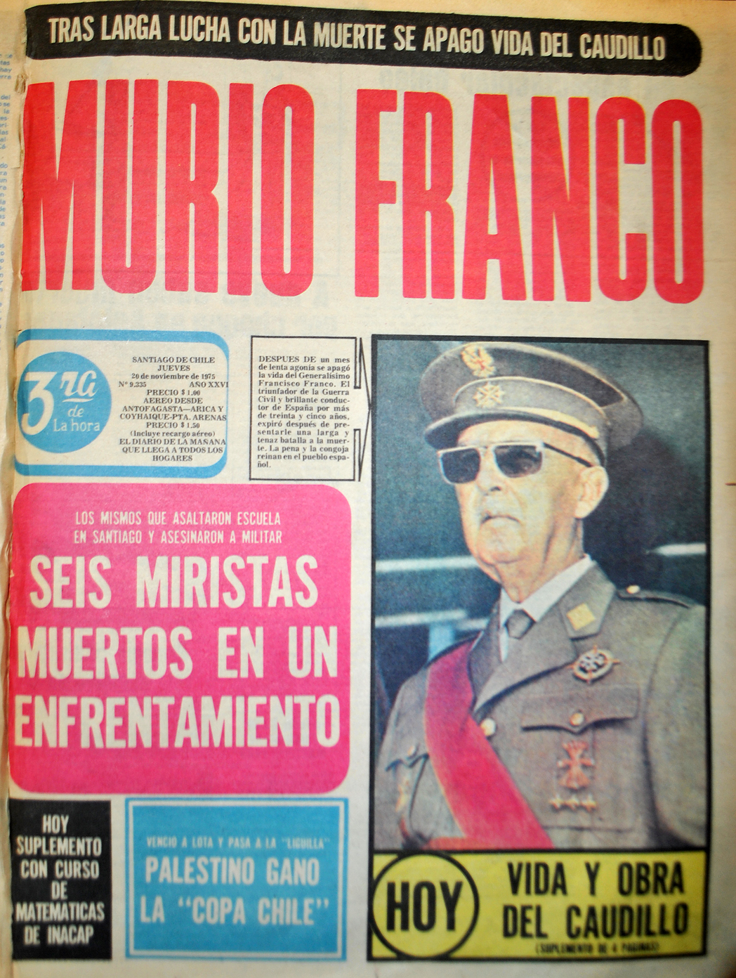 Portada de "La Tercera de la hora", del 20 de noviembre de 1975. | www.labatalla.cl